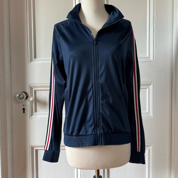 Athletic Works Women’s Navy Blue Track Jacket with Striped Sleeves Small 4-6 - Picture 1 of 11